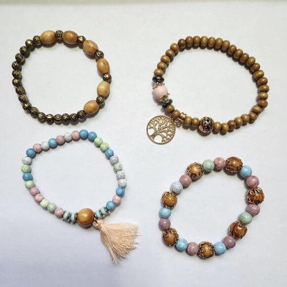 Beaded Bracelet Set of 4 Tree of Life‎ Charm Bohemian Wooden Stackable - Picture 2 of 3